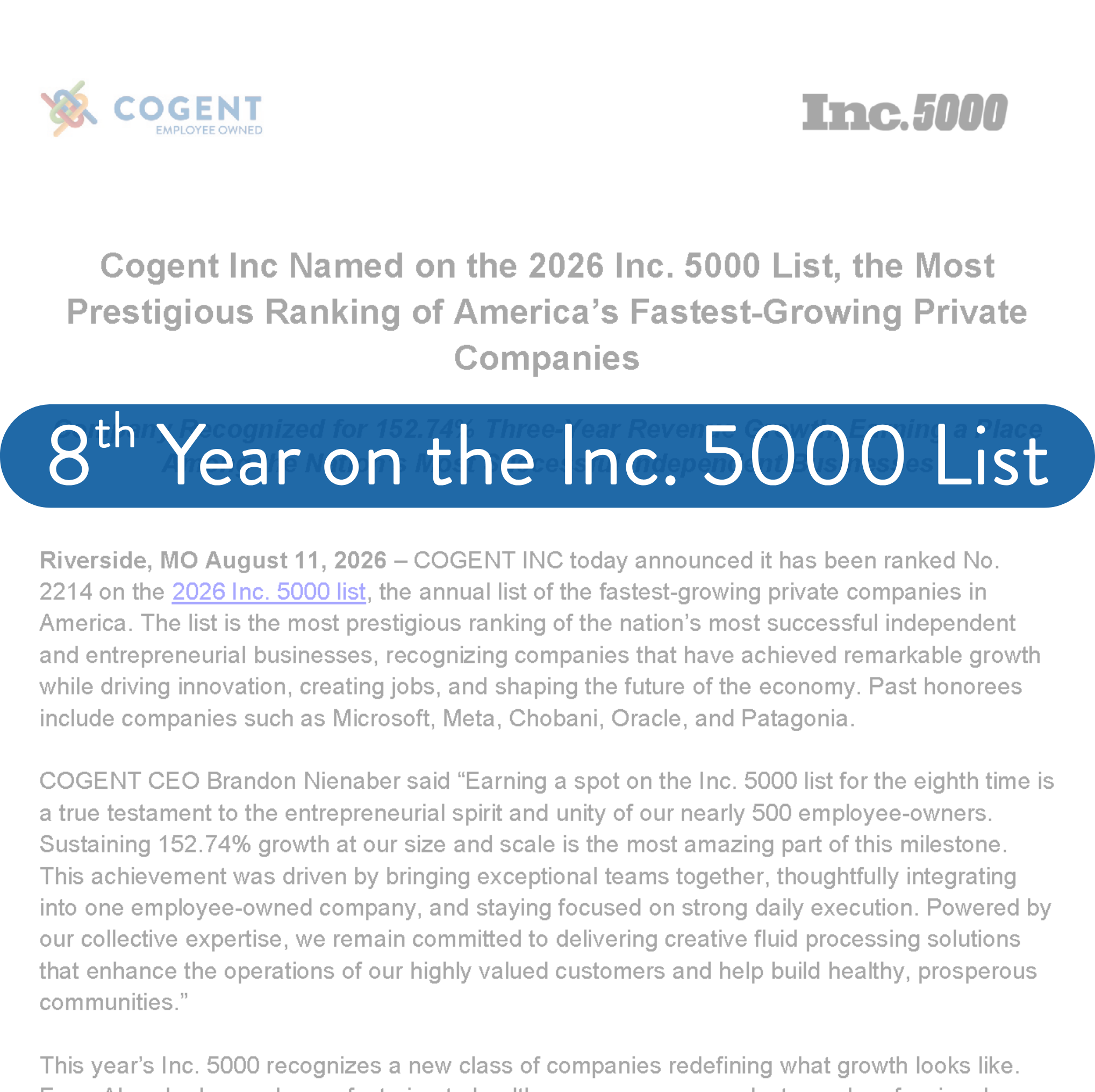 Cogent Inc makes the Inc 5000 list for the eighth year